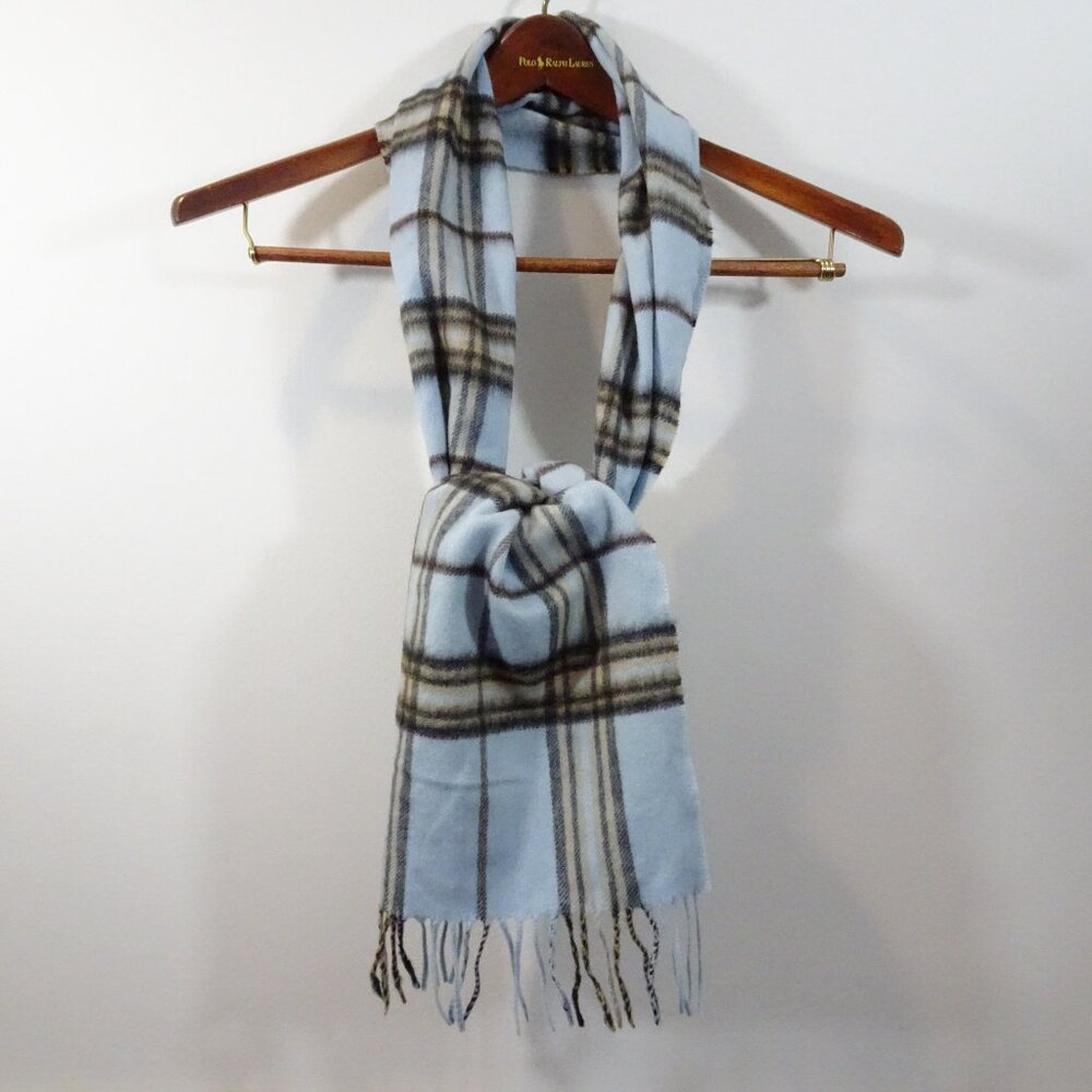 Vintage Plaid 100% Cashmere Scarf Fringe Made in Germany Blue Tan Brown